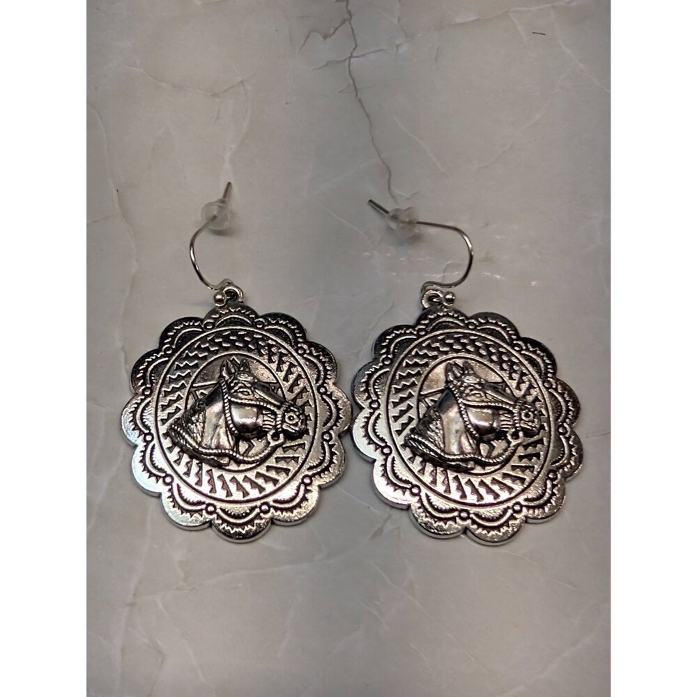 New Western Concho Horse Head Dangle Drop Earrings SilverTone Cowgirl Equestrian
